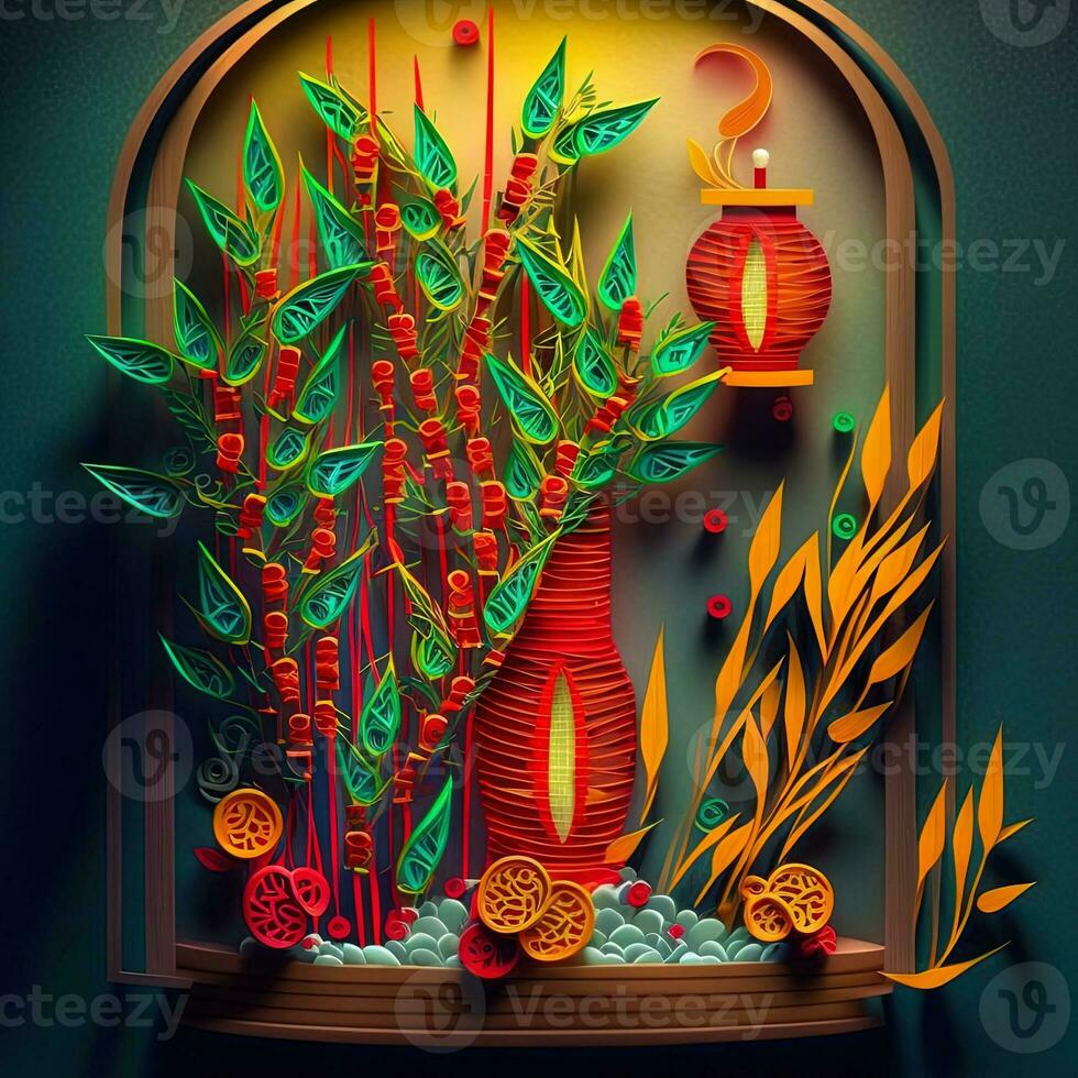 Paper cut quilling multidimensional diorama lucky bamboo with chinese new year lanterns. Chinese new year. Lunar new year 2023 concept. photo