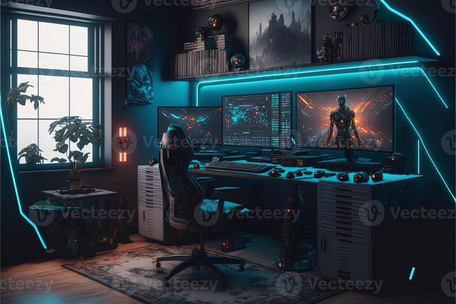 Spectacular gaming room interior, gaming pc, gaming desk, game setup room, tv, desk for five People, futuristic, LED lights, cyberpunk color. photo