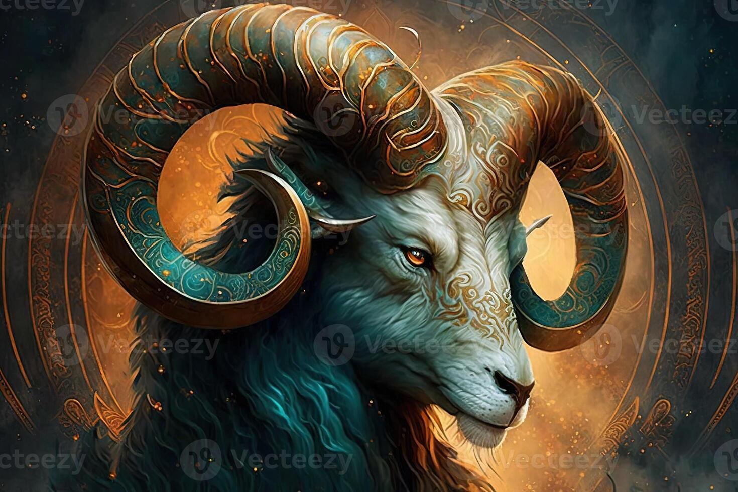 Backdrop of sacred zodiac Aries symbols, astrology, alchemy, magic, sorcery and fortune telling. digital painting. Zodiac sign Aries on the starry sky close up photo