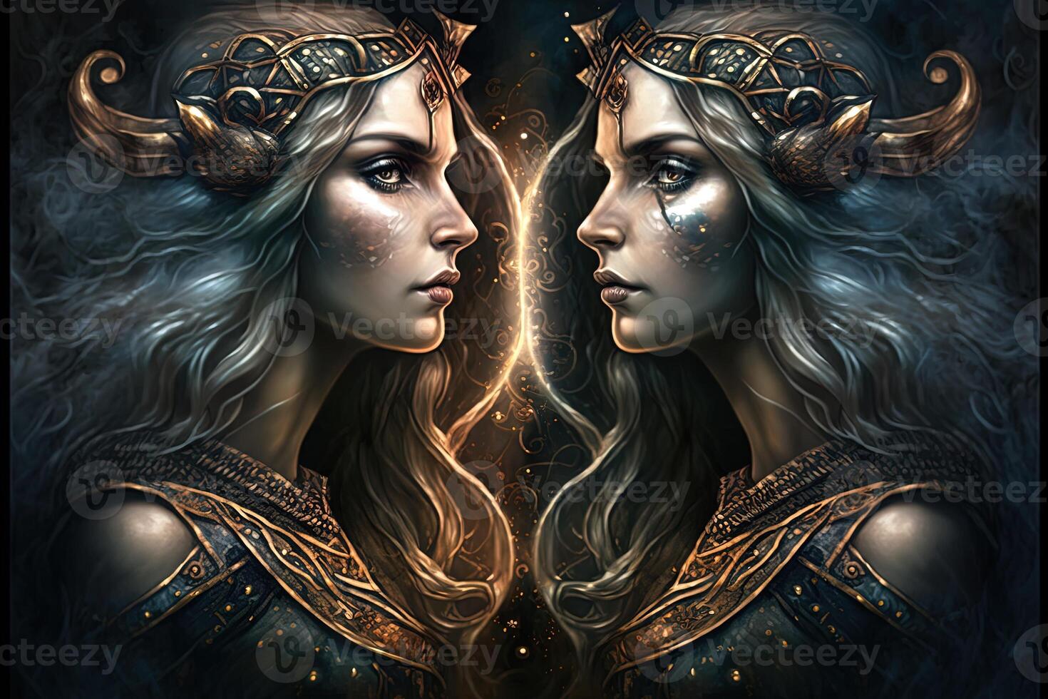 Backdrop of sacred zodiac Gemini symbols, astrology, alchemy, magic, sorcery and fortune telling. digital painting. Zodiac sign Gemini on the starry sky close up photo