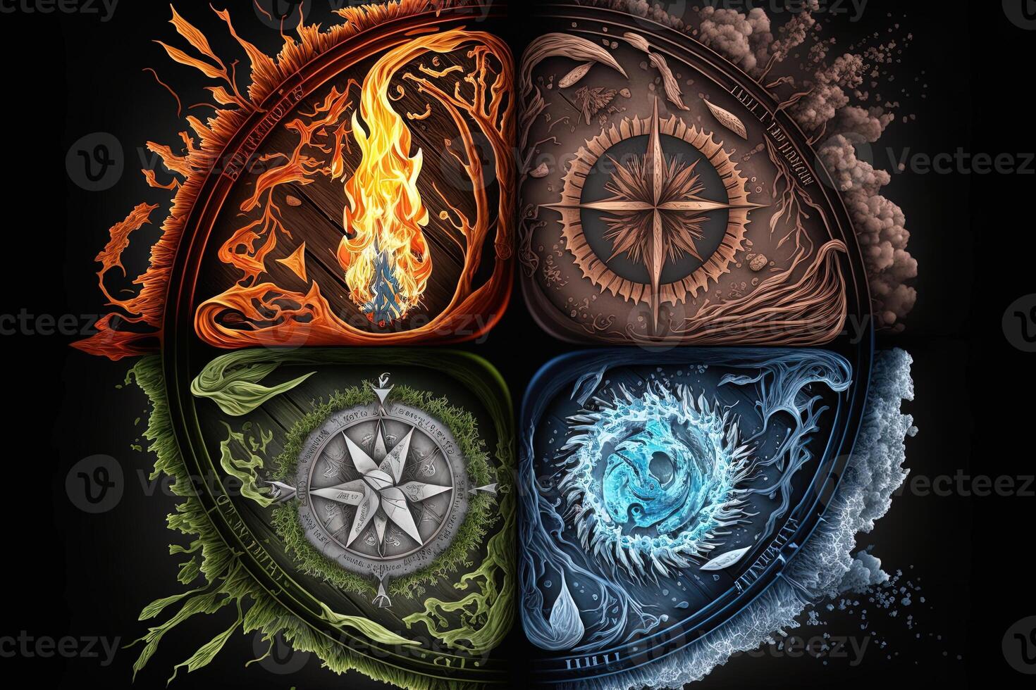 Four elements compass. . Colorful magical fantasy compass, four elements earth, fire, water, air. photo