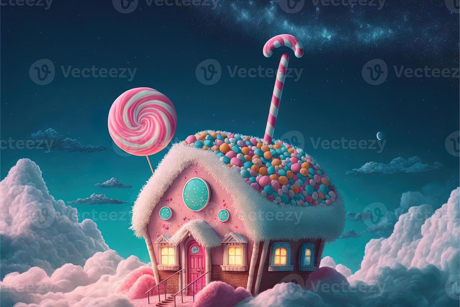 Christmas decorations with colorful gingerbread pink house and colorful candy on white cloud. Winter holidays new year and xmas composition. Amazing fairy Christmas house. photo