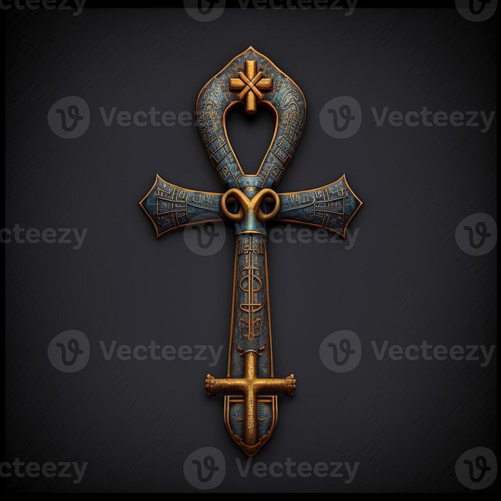 Ancient golden ankh symbol isolated on dark background. Illustration of an Egyptian cross in digital form. The ancient Egyptians used the Ankh as a symbol for eternal life. photo