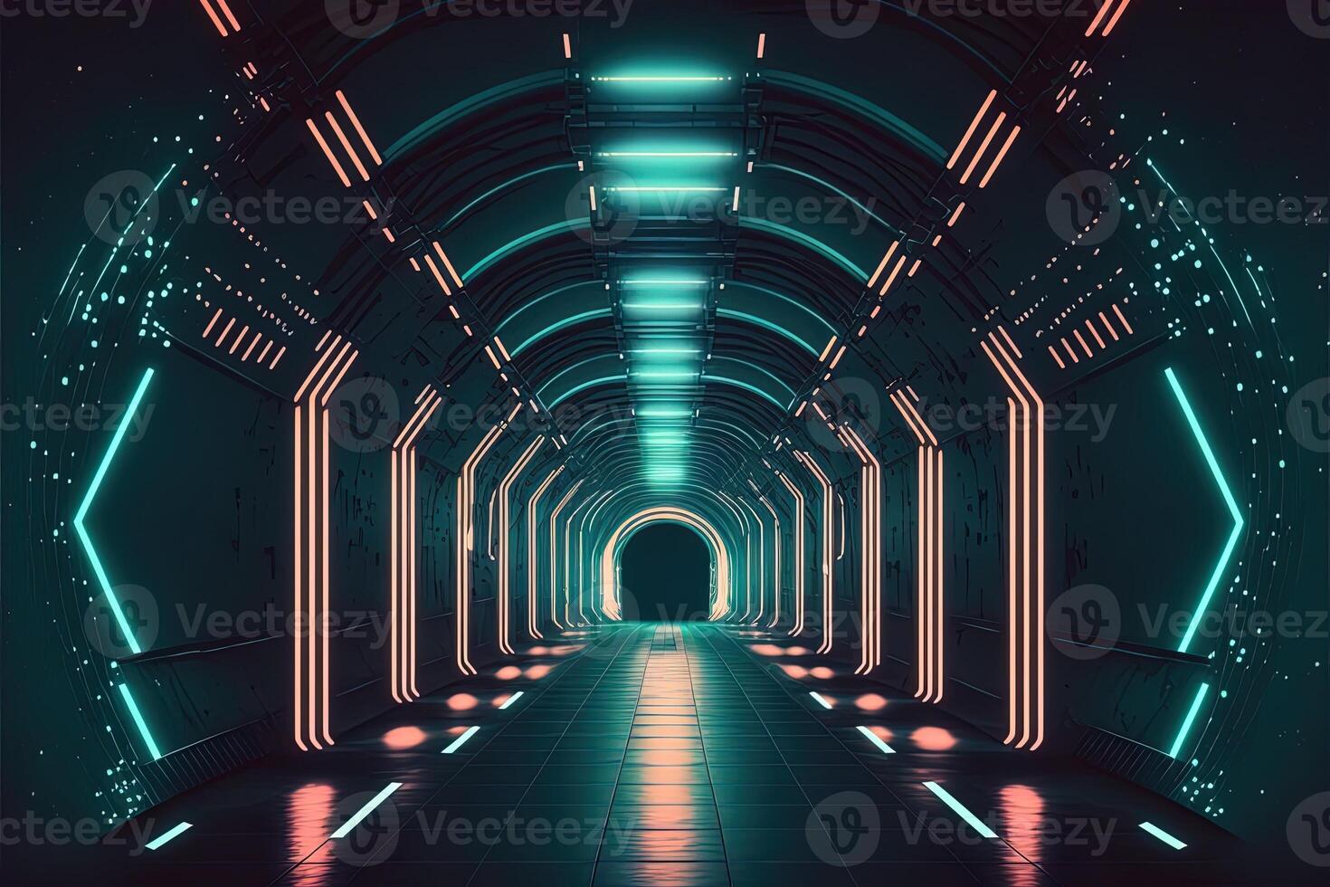 Sci-Fi Cyber Futuristic Empty tunnel Background exit or goal ahead. Abstract cyber or digital speedway concept Cyberpunk Cyber Synth Tunnel Corridor photo