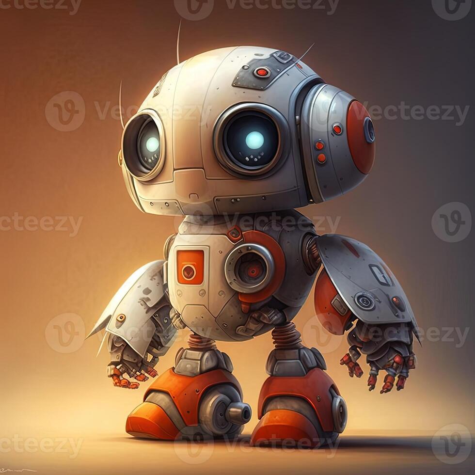 Cute white smiling robotic teen mini unit robot toy gesturing. Cute robot on a white backdrop with a pointing hand and a winking eye. technological idea. photo