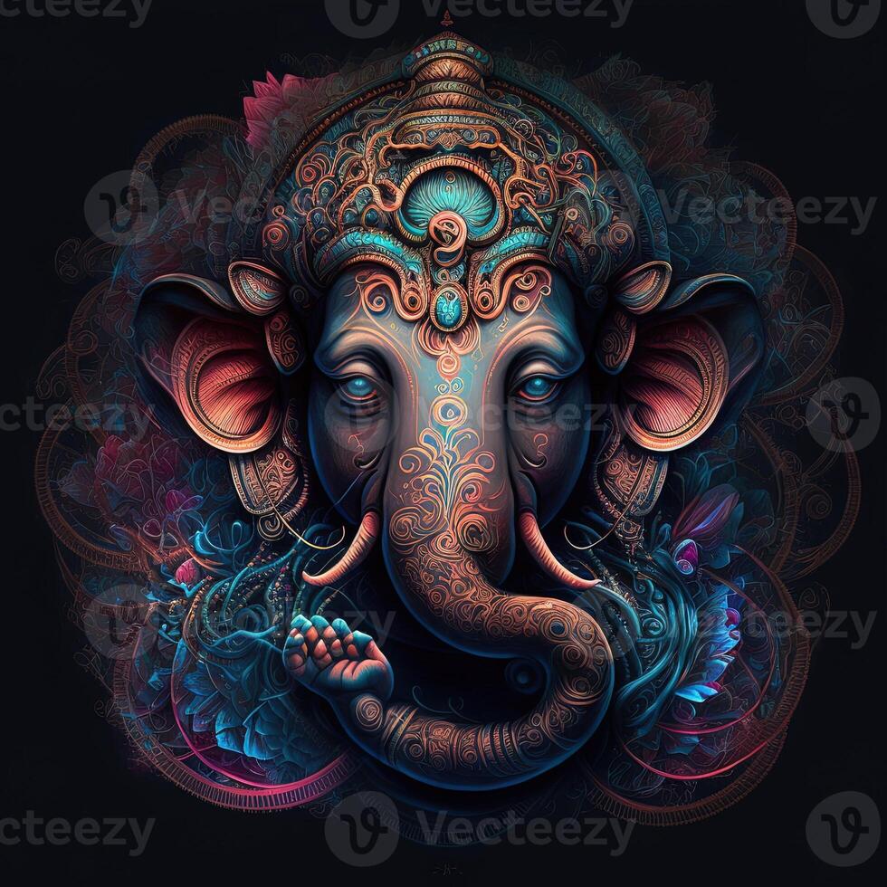 on statue of Lord Ganesha , Ganesha Festival. Hindu religion and Indian celebration of Diwali festival concept on dark, red, yellow background and copy space photo