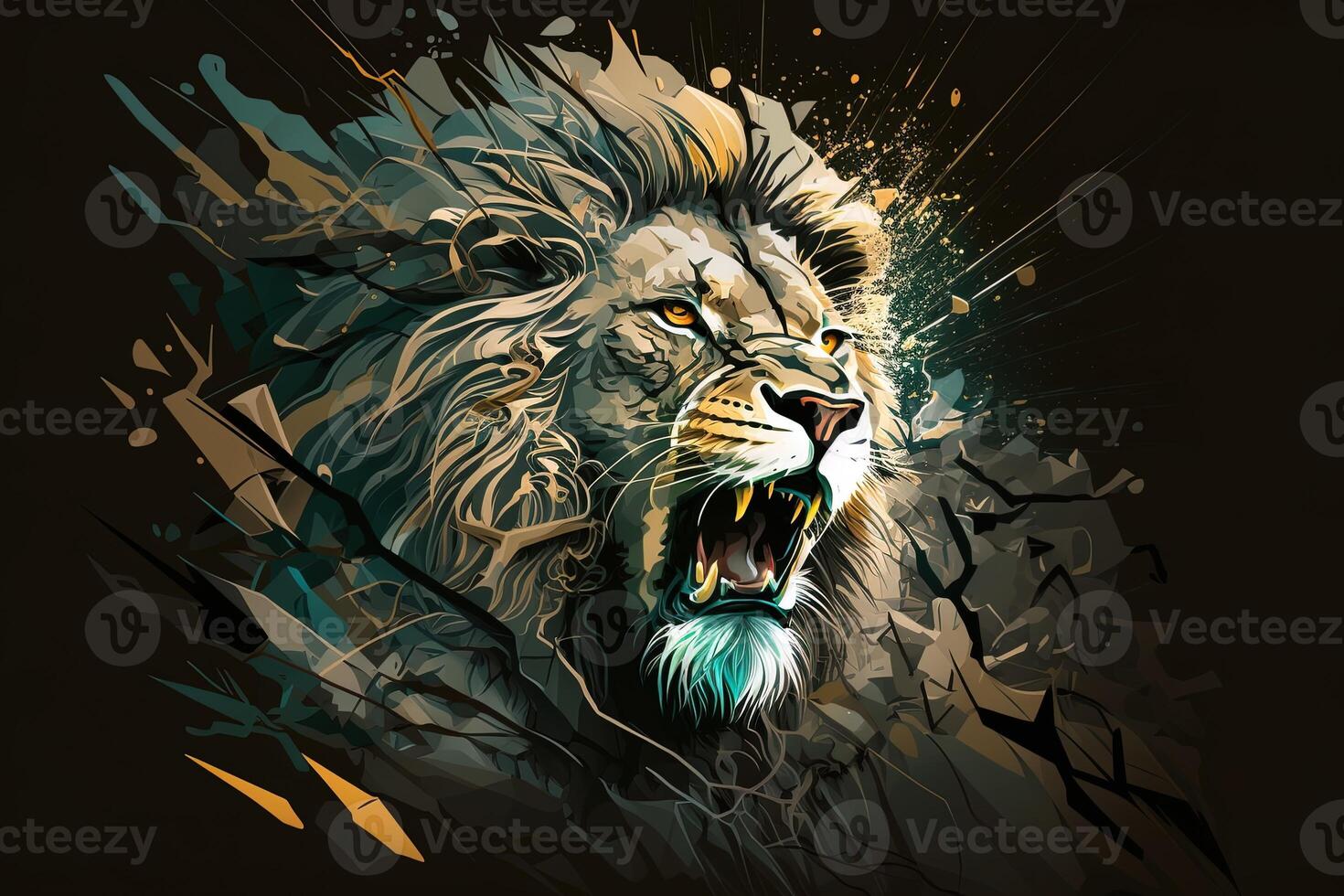 Poster of Lion roaring, Abstract poster of a dangerous and powerful roaring male lion. . Creative fire flames art paint coming from the mad king of the jungle. photo