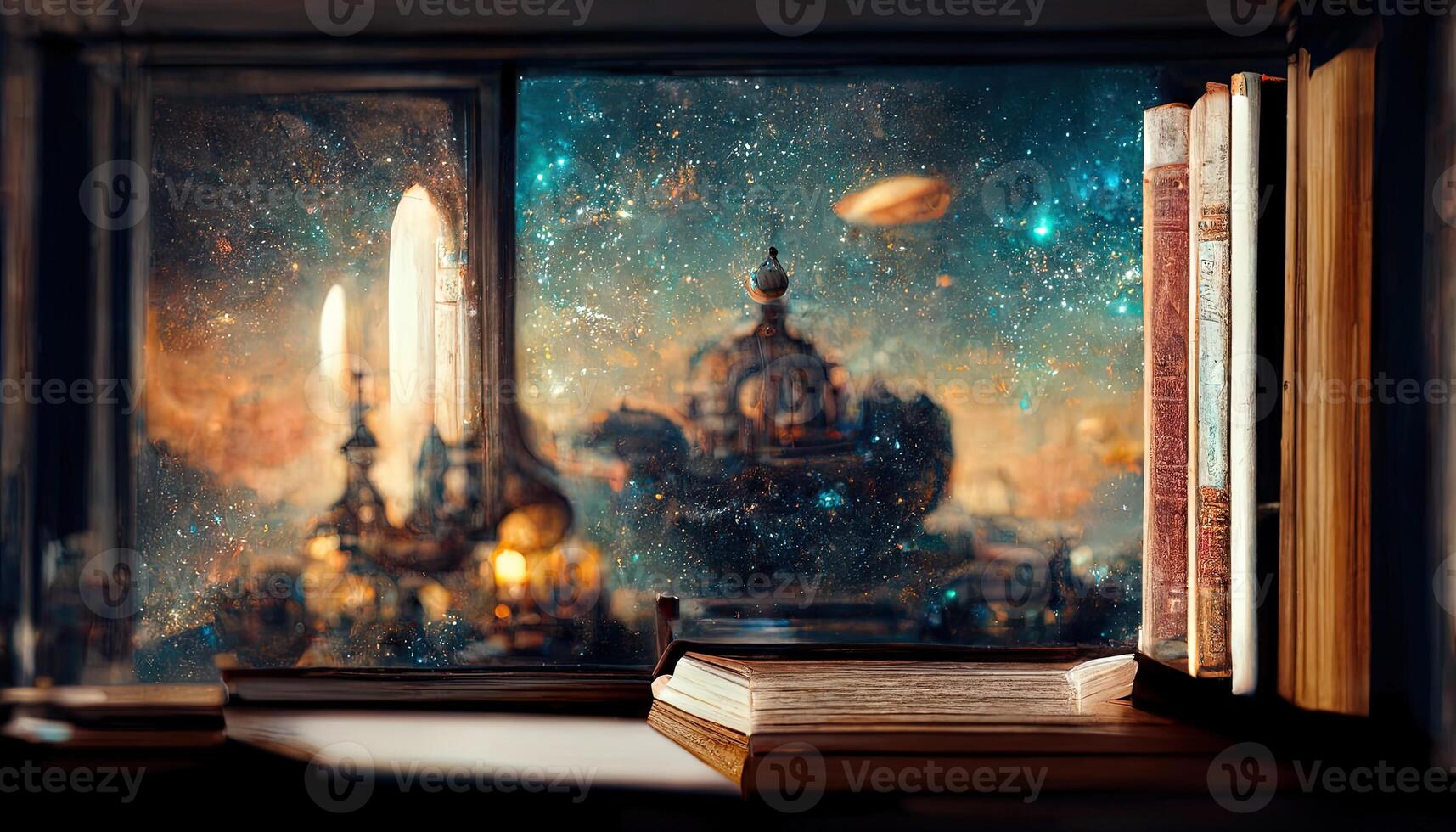 A full size bookshelf beside a window of a rococo style spaceship, milkyway outside the window, classic indoor ambient light, Interior of Magic Library, ornamental glass window. photo