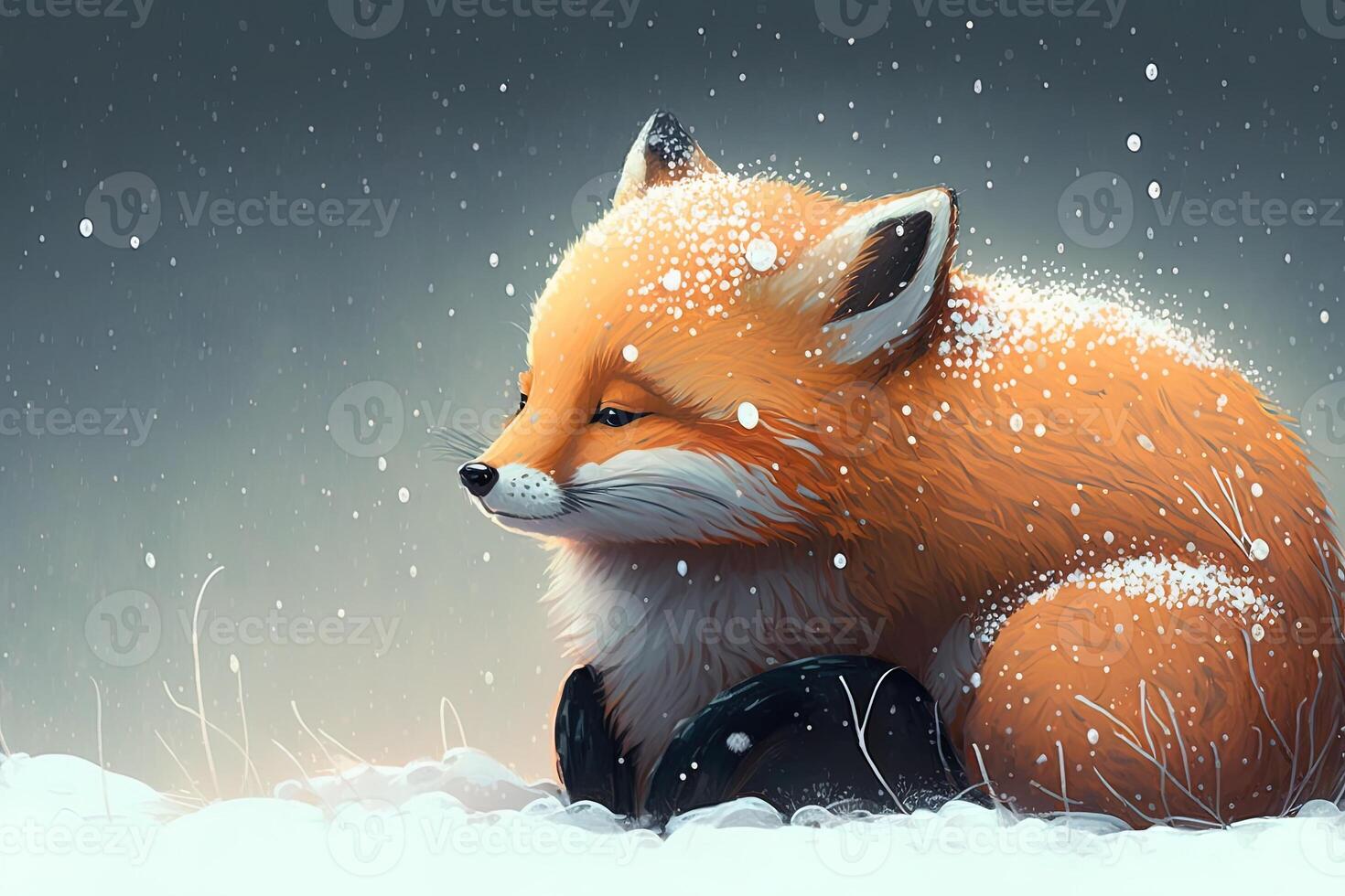 Cute red fox baby cartoon dreamlike in snow, winter, . Animal and landscape concept. photo