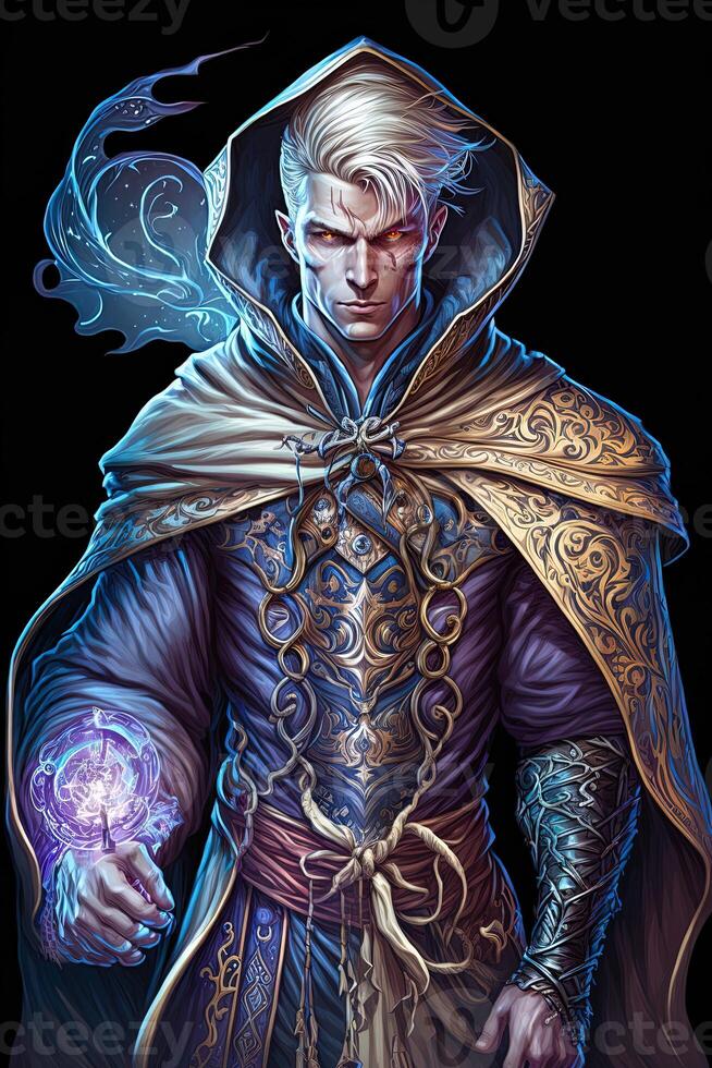 Full body view of a beautiful male sorcerer illustration, Magic sorcerer character for game. male wizard, photo
