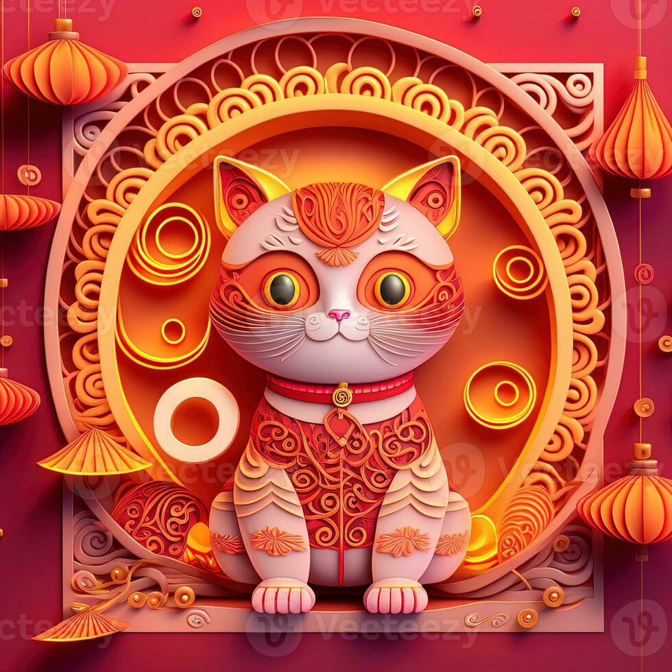 Paper cut quilling multidimensional chinese style cute zodiac cat with lanterns, blossom peach flower in background, chinese new year. Lunar new year 2023 concept photo