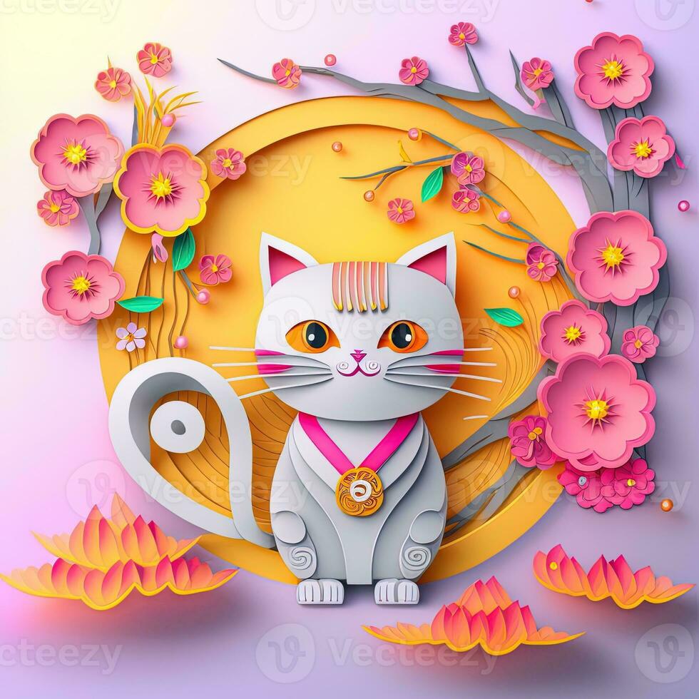 Paper cut quilling multidimensional chinese style cute zodiac cat with lanterns, blossom peach flower in background, chinese new year. Lunar new year 2023 concept photo