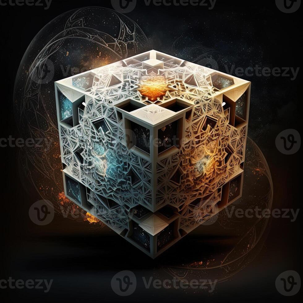 tesseract with fractal design in order and chaos. Abstract multiverse world with cubic . Creative surreal earth environment by puzzle artwork construction photo