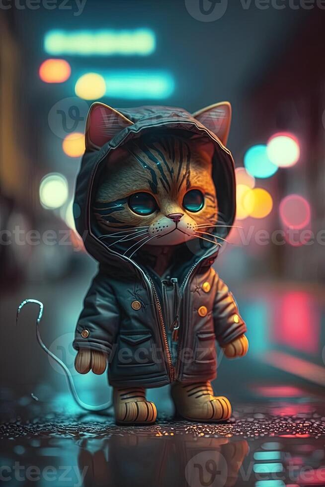 toy cute cat in clothes jacket and sneakers on street background with neon lighting, photo