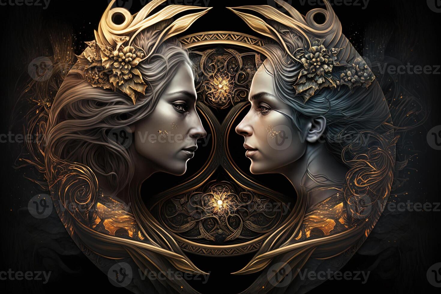 Backdrop of sacred zodiac Gemini symbols, astrology, alchemy, magic, sorcery and fortune telling. digital painting. Zodiac sign Gemini on the starry sky close up photo