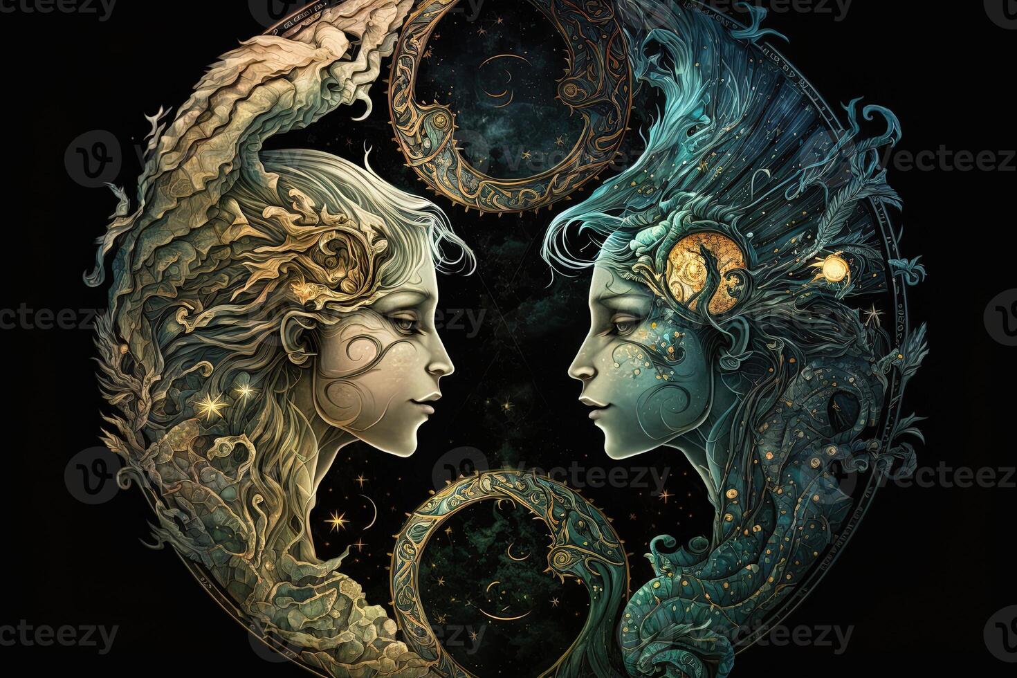 Backdrop of sacred zodiac Gemini symbols, astrology, alchemy, magic, sorcery and fortune telling. digital painting. Zodiac sign Gemini on the starry sky close up photo