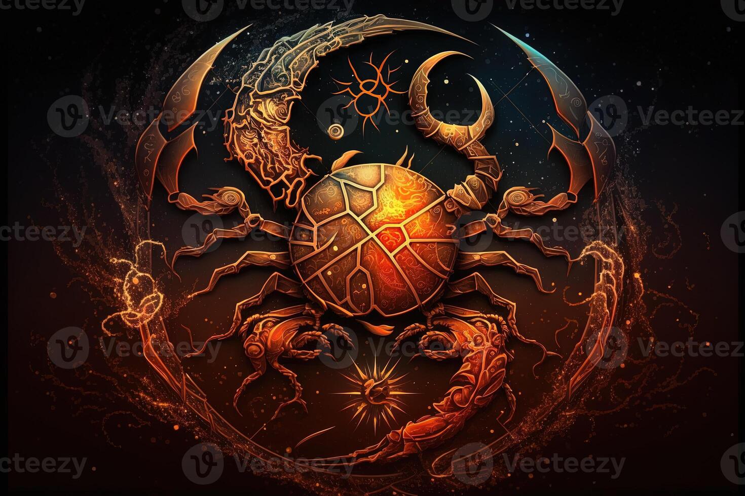 Backdrop of sacred zodiac Cancer symbols, astrology, alchemy, magic, sorcery and fortune telling. digital painting. Zodiac sign Cancer on the starry sky close up photo