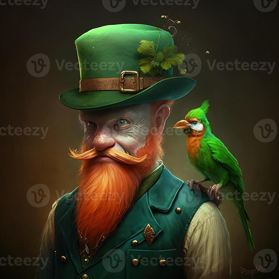 Leprechaun with ginger beard and green hat cartoon look funny. Saint Patrick's Day Celebration - Leprechaun Green Beer and Shamrocks, St. Patrick's Day concept. photo