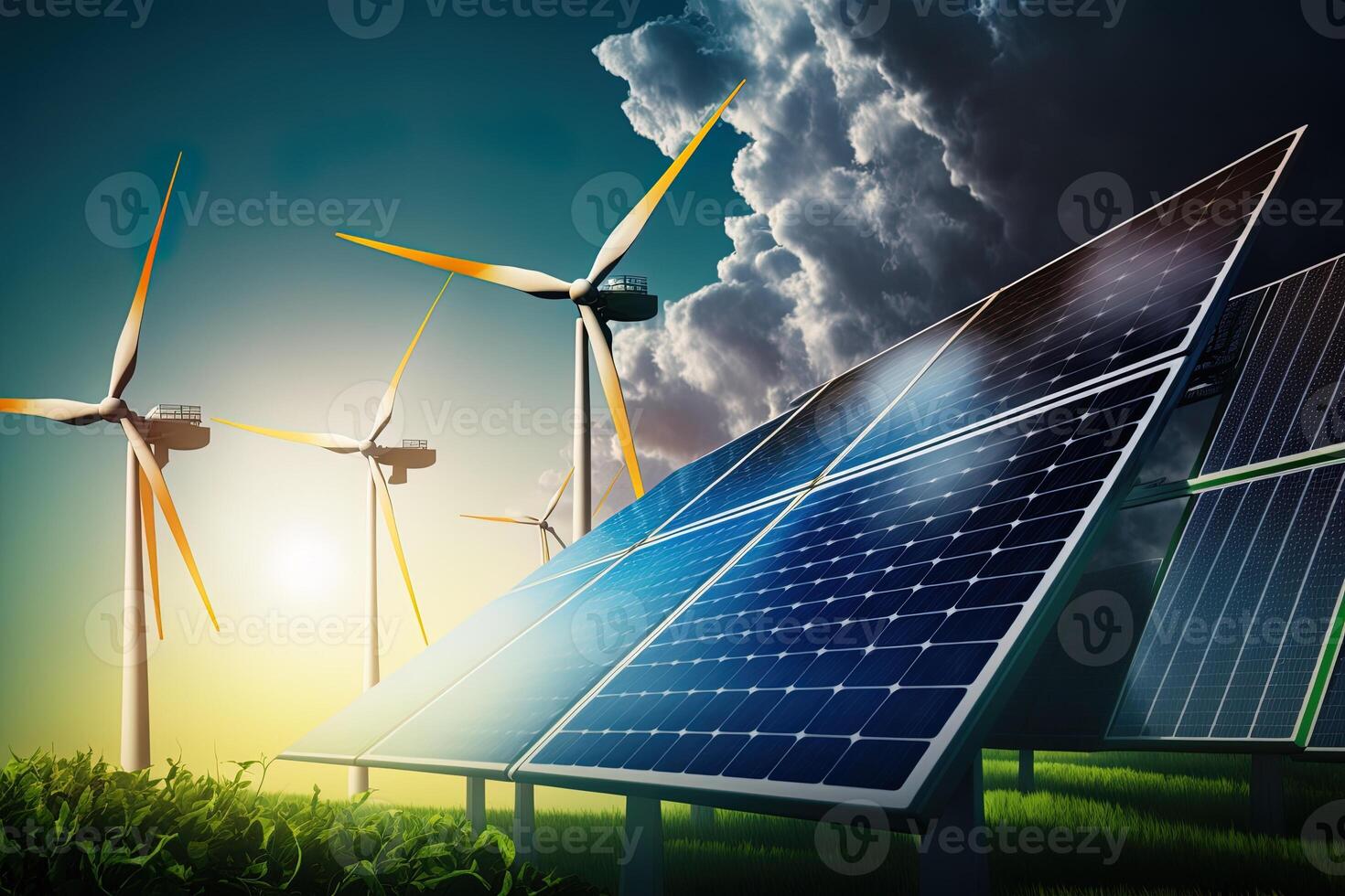 Renewable energy background with green energy as wind turbines and solar panels. green energy concept energy sources sustainable Ecology Elements photo