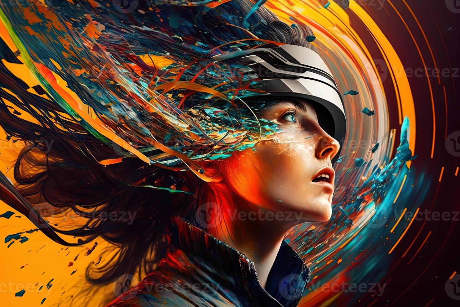 illustration of an enthusiastic young women wearing virtual reality goggles is inside the metaverse. Metaverse concept and virtual world elements. Games and entertainment of the digital photo
