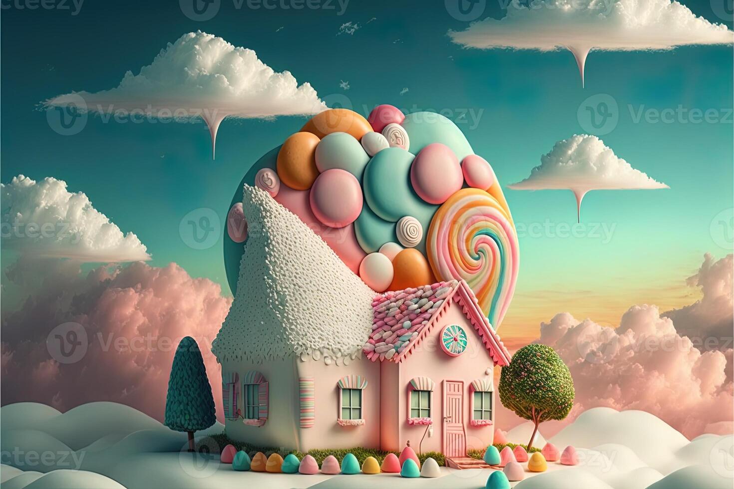 Christmas decorations with colorful gingerbread pink house and colorful candy on white cloud. Winter holidays new year and xmas composition. Amazing fairy Christmas house. photo