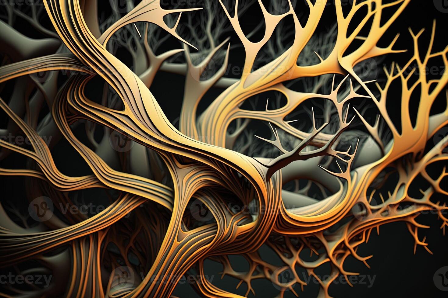 Abstract intricate intertwined wood branches created with technology. Enchanted fairytale with intertwined tree silhouettes. photo