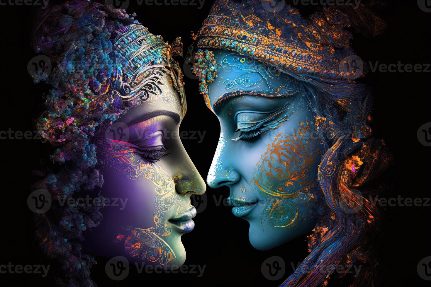 Radha krishna in love medium shot photography portrait of cosmic galactic . symbol of Devine Love. Art Print For Home Decor hindu couple on abstract decorative background photo