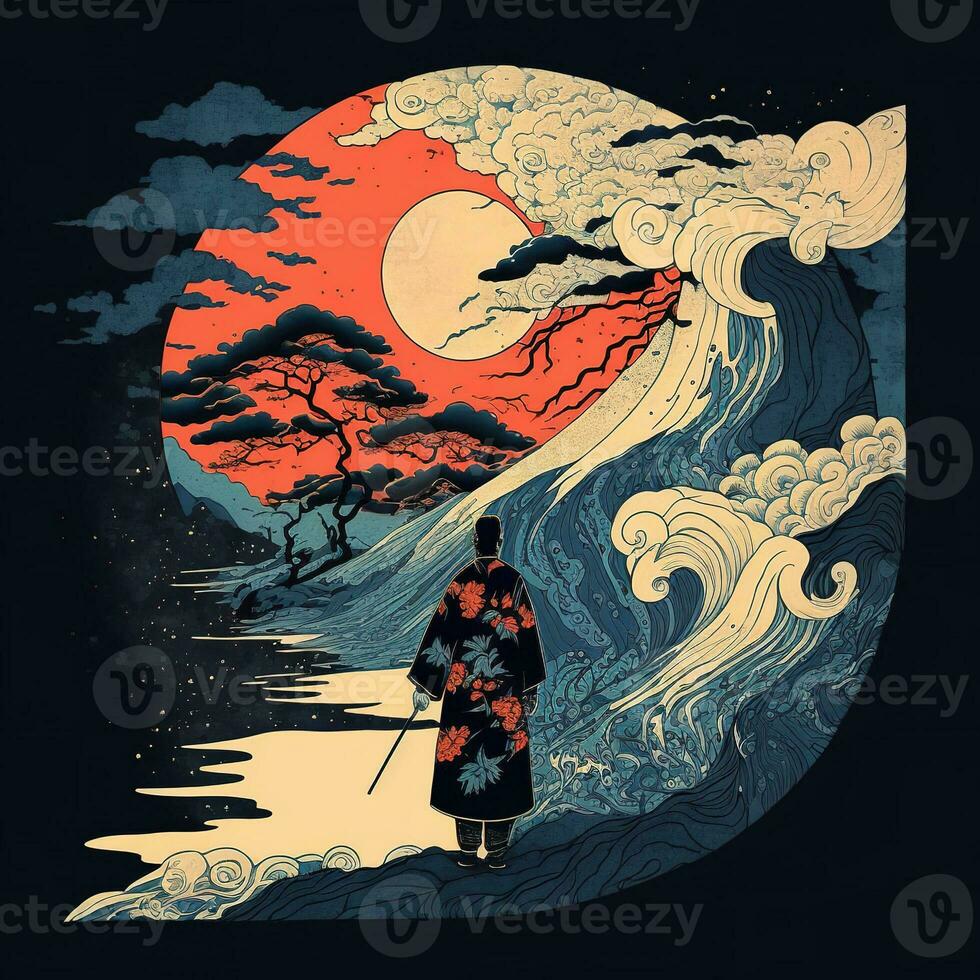 The great wave off kanagawa painting reproduction. Japanese style. Ukiyo-e style painting of the null void changing photo