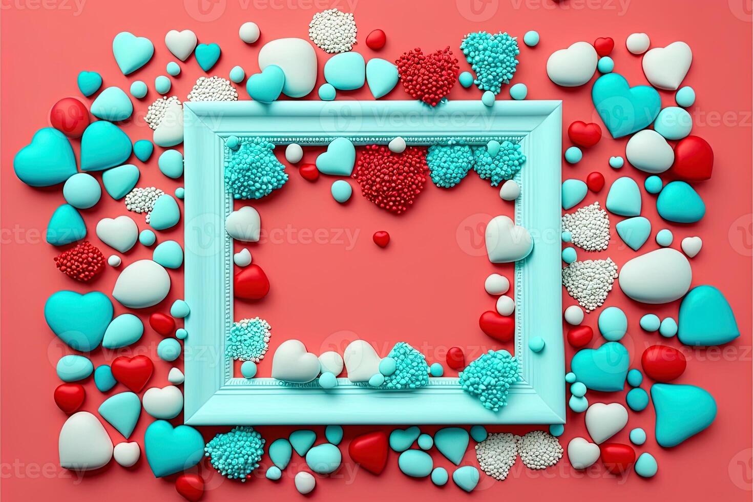 Valentine frame and banner. Red, blue, cyan, pink decoration. flat lay, romantic. Love and valentine day concept. photo