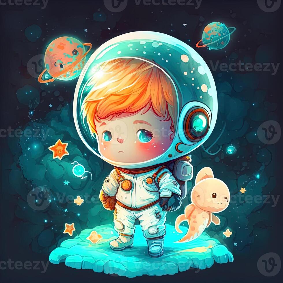 generativo ai adorable chico astronauta, en exterior espacio, en pie en un planeta, brillante vistoso asteroides y galaxias, luz de la luna brillante abajo, chibi estilo. emblema para espacio viajar, tecnología, monería foto