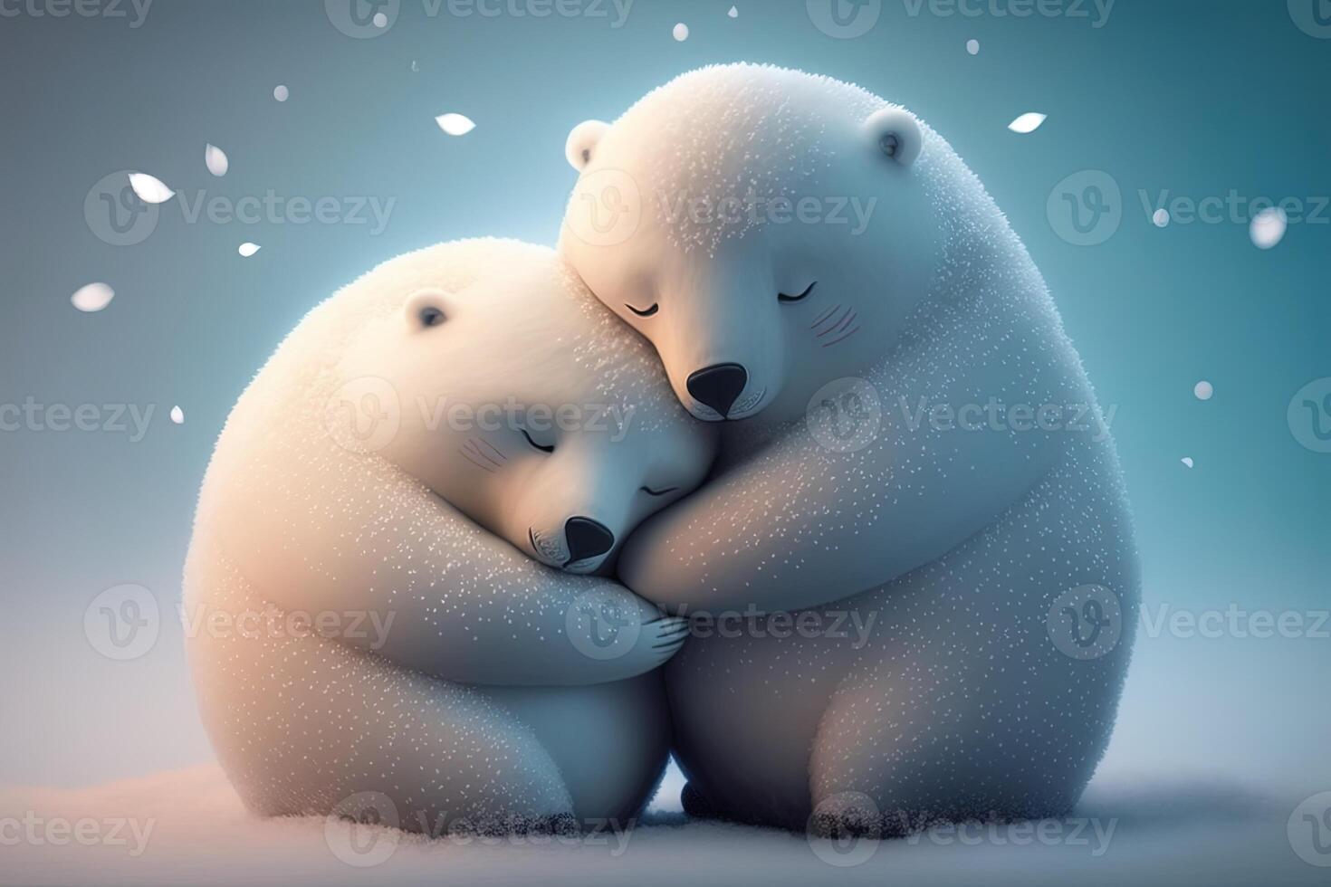 Two cute polar hug together in white snow background. Mother and baby polar bear cuddling as family in snow in winter. photo