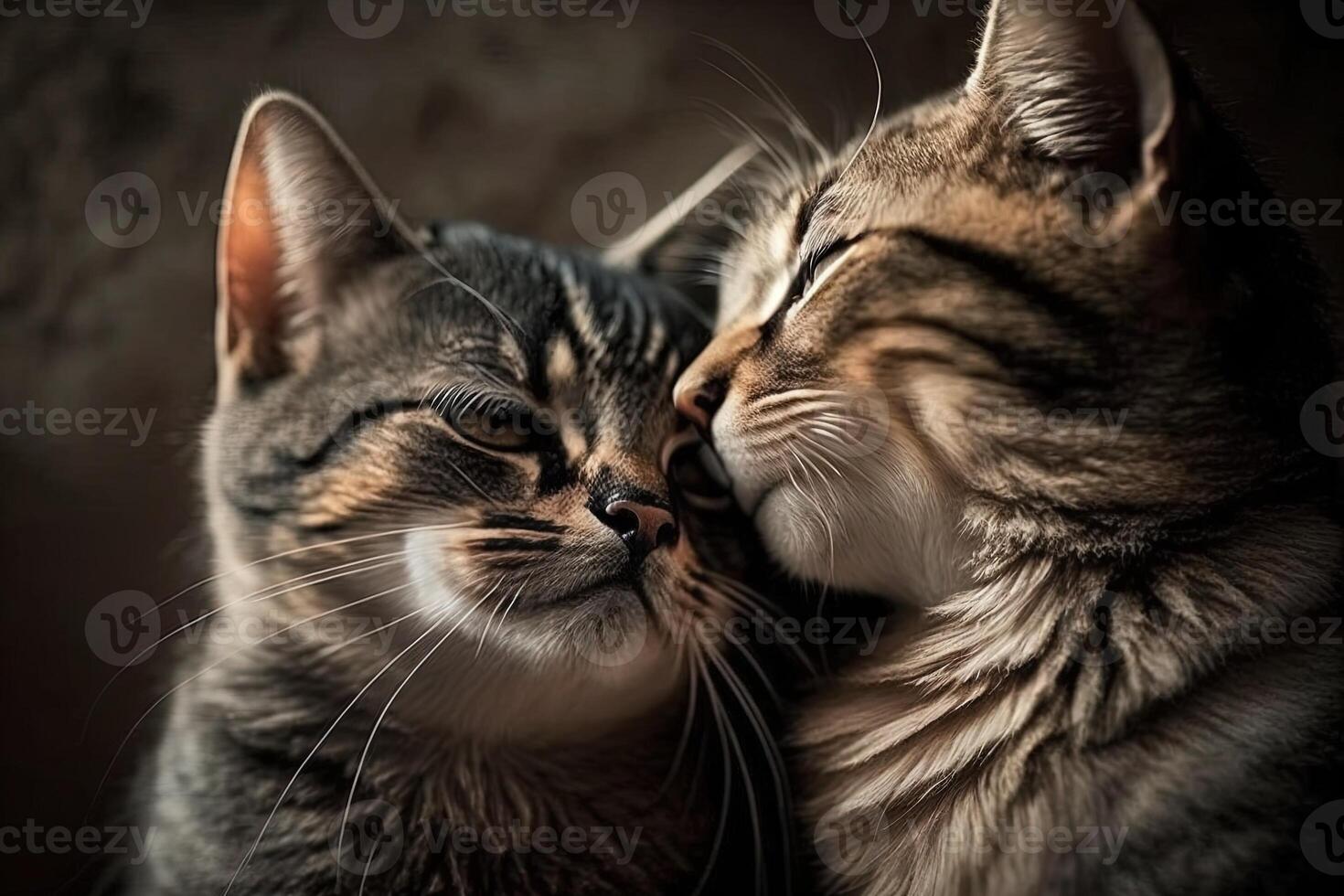 gato amor. gato Pareja abrazando, acurrucarse y besando dos linda gato gatitos en amor participación rojo corazón en san valentin día. generativo ai foto