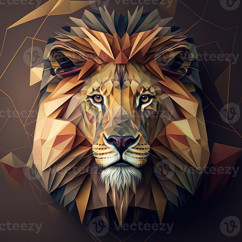 generativo ai ilustración de creativo de león hecho de vistoso geométrico formas en antecedentes. líder, coraje, fuerte y corajudo, majestuoso león foto