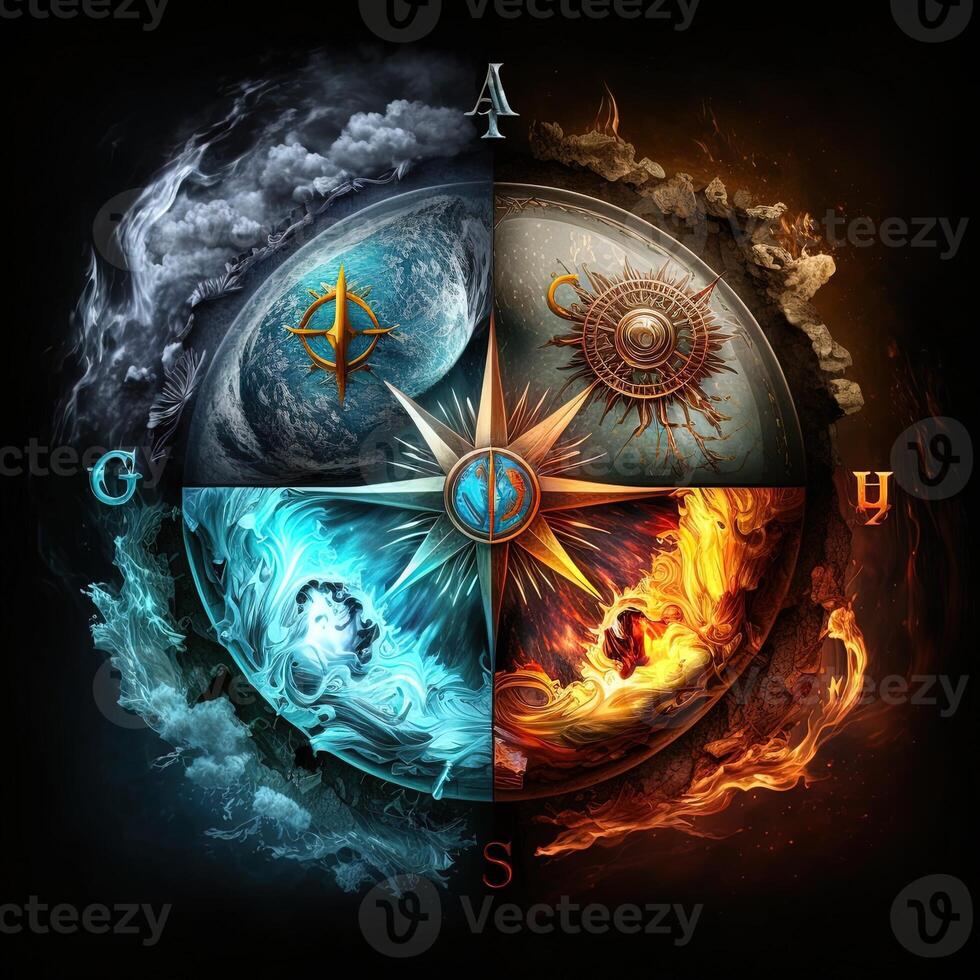 Four elements compass. . Colorful magical fantasy compass, four elements earth, fire, water, air. photo