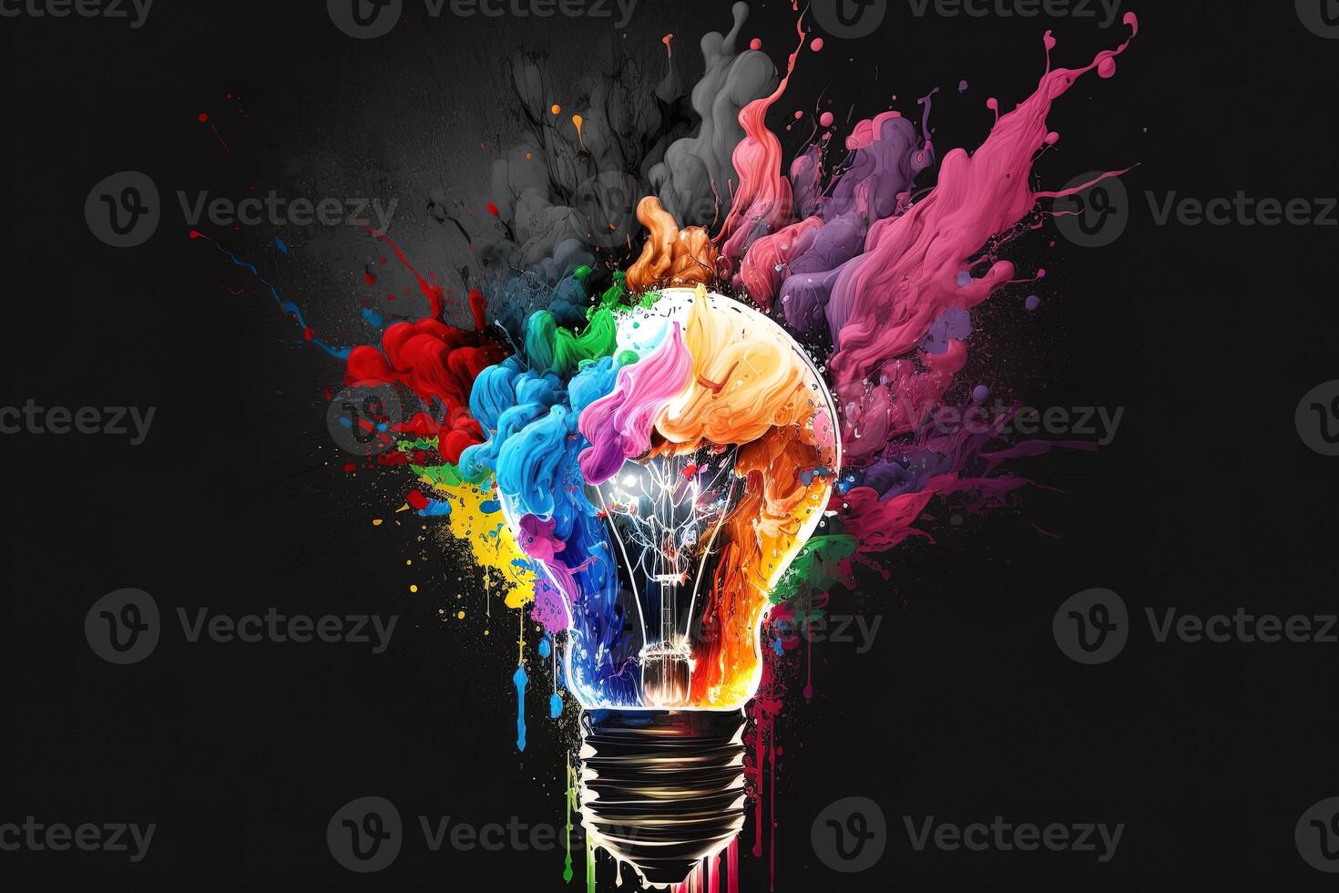illustration of colorful bulb with splash of colors on black background. Creativity, eureka, imagination, inspiration. . Idea and solution concept photo