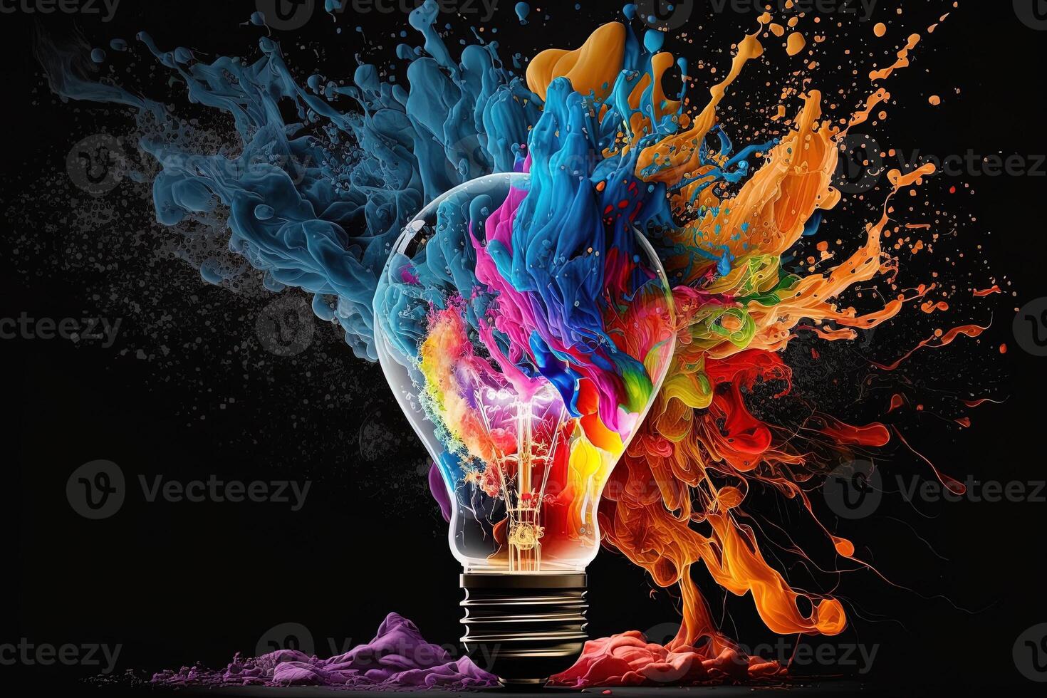 illustration of colorful bulb with splash of colors on black background. Creativity, eureka, imagination, inspiration. . Idea and solution concept photo