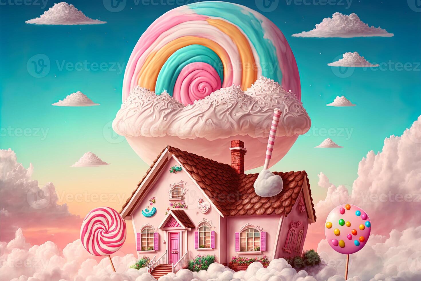 Christmas decorations with colorful gingerbread pink house and colorful candy on white cloud. Winter holidays new year and xmas composition. Amazing fairy Christmas house. photo