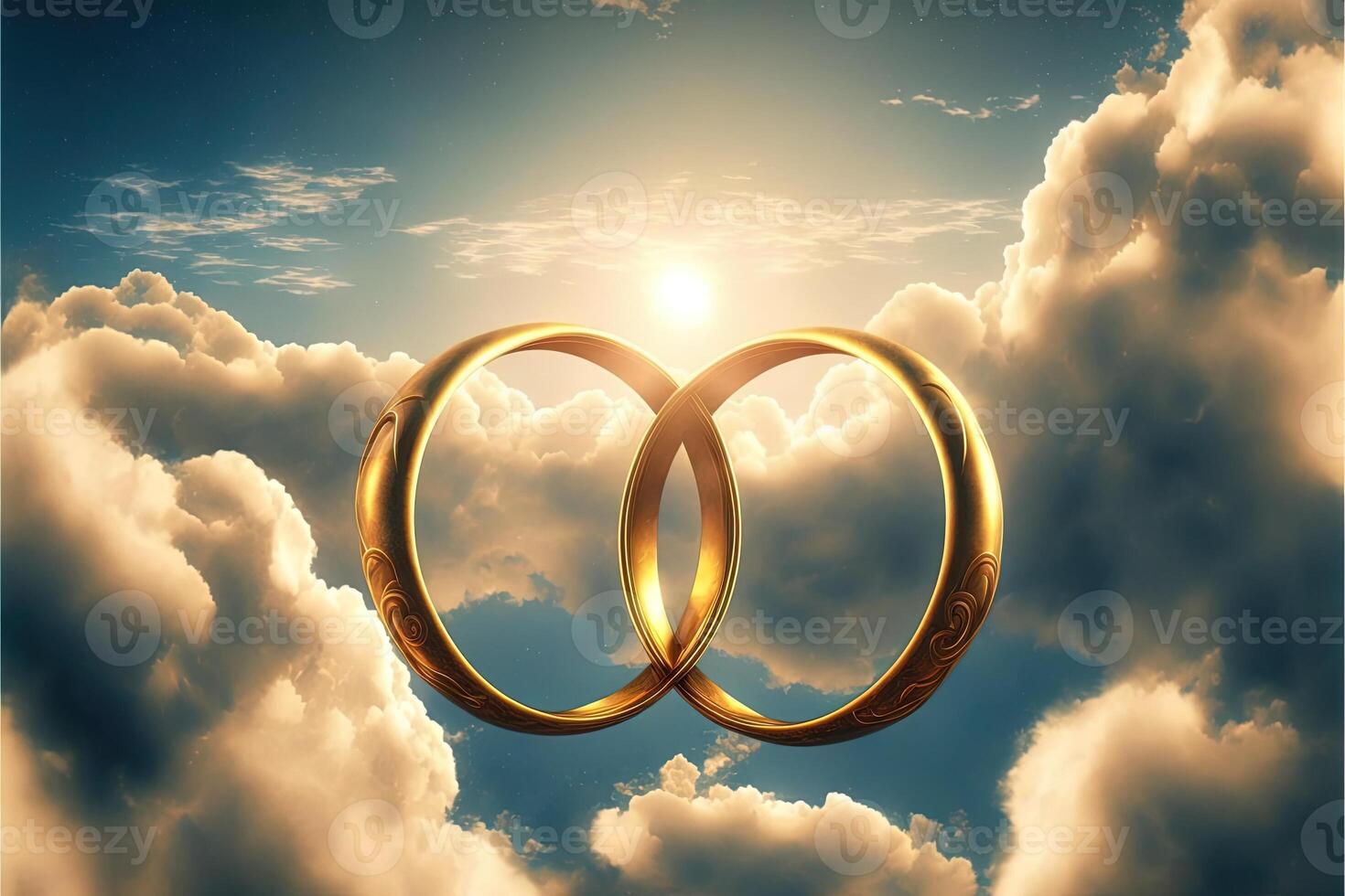 A pair of gold wedding rings floating in the sky. two wedding rings floating in the clouds with a sun in the background and a blue sky with clouds below them. . Wedding concept. photo