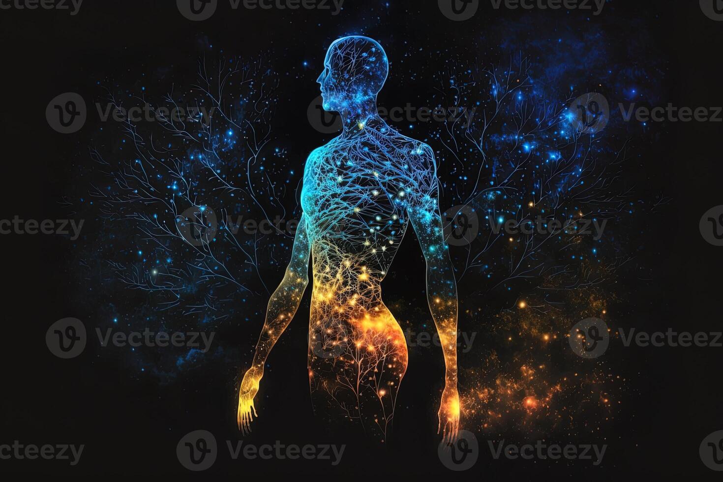 Astral body silhouette with abstract space background. Esoteric, spiritual life and meditation concept. Afterlife and connection with other worlds. Created with photo