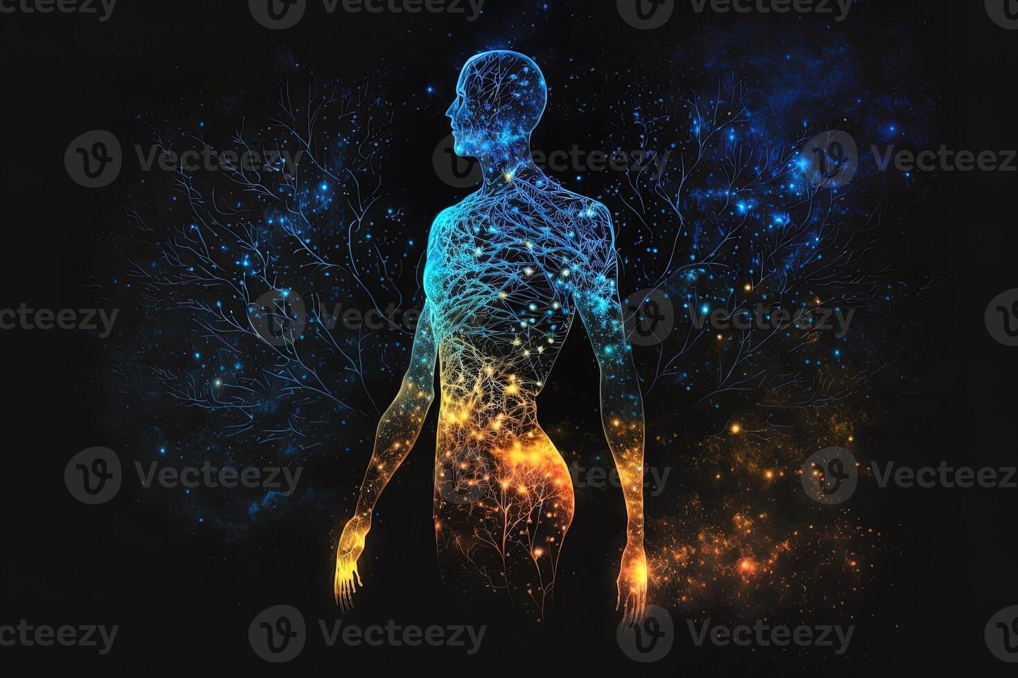 astral cuerpo silueta con resumen espacio antecedentes. esotérico, espiritual vida y meditación concepto. vida futura y conexión con otro mundos creado con generativo ai foto