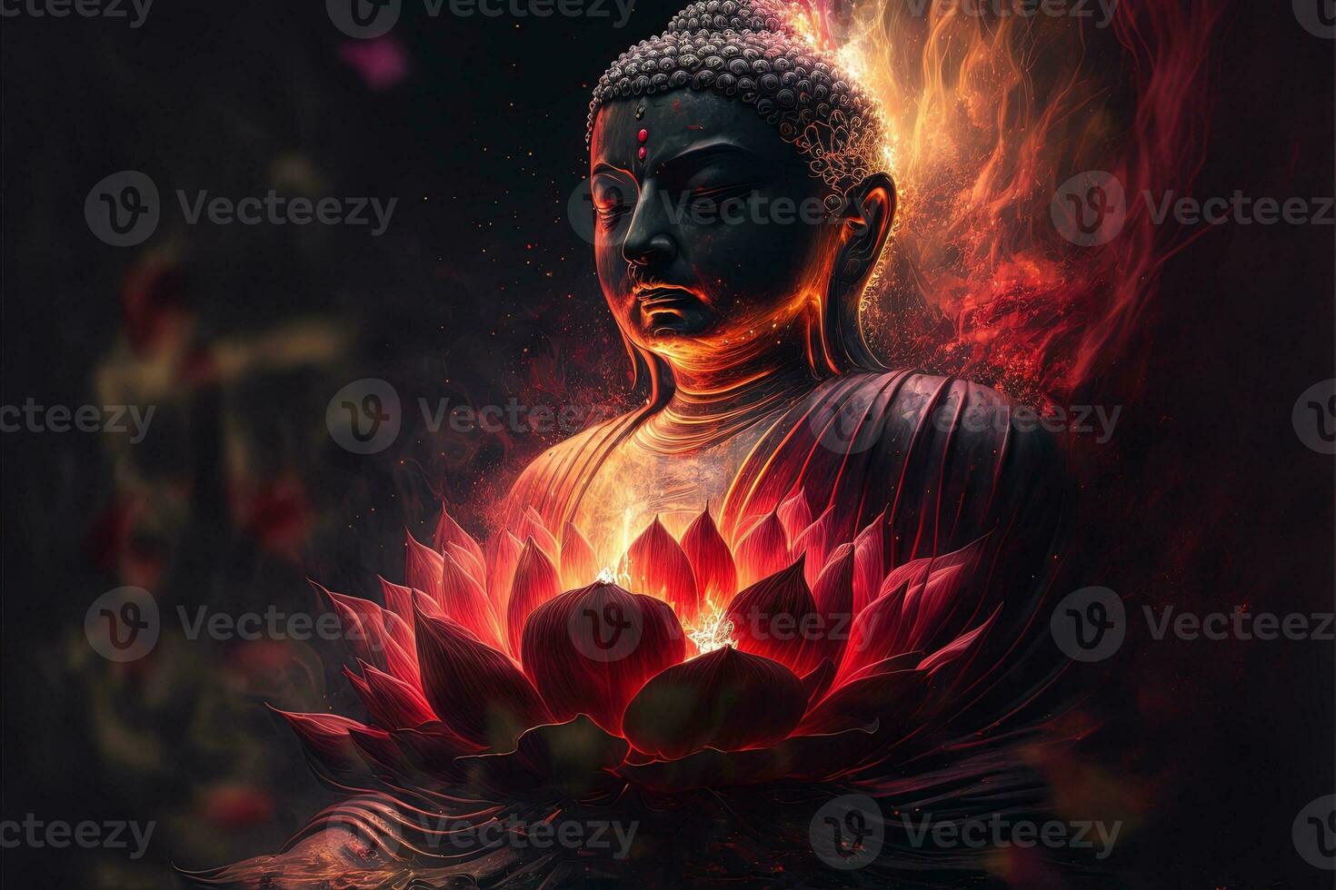 Beautiful light spectrum Buddha's light flashing, Bright red, yellow lotus flower, burning cloud-like petals, surrounded by magic chaos light, white smoke, falling reflected light, water pattern. photo