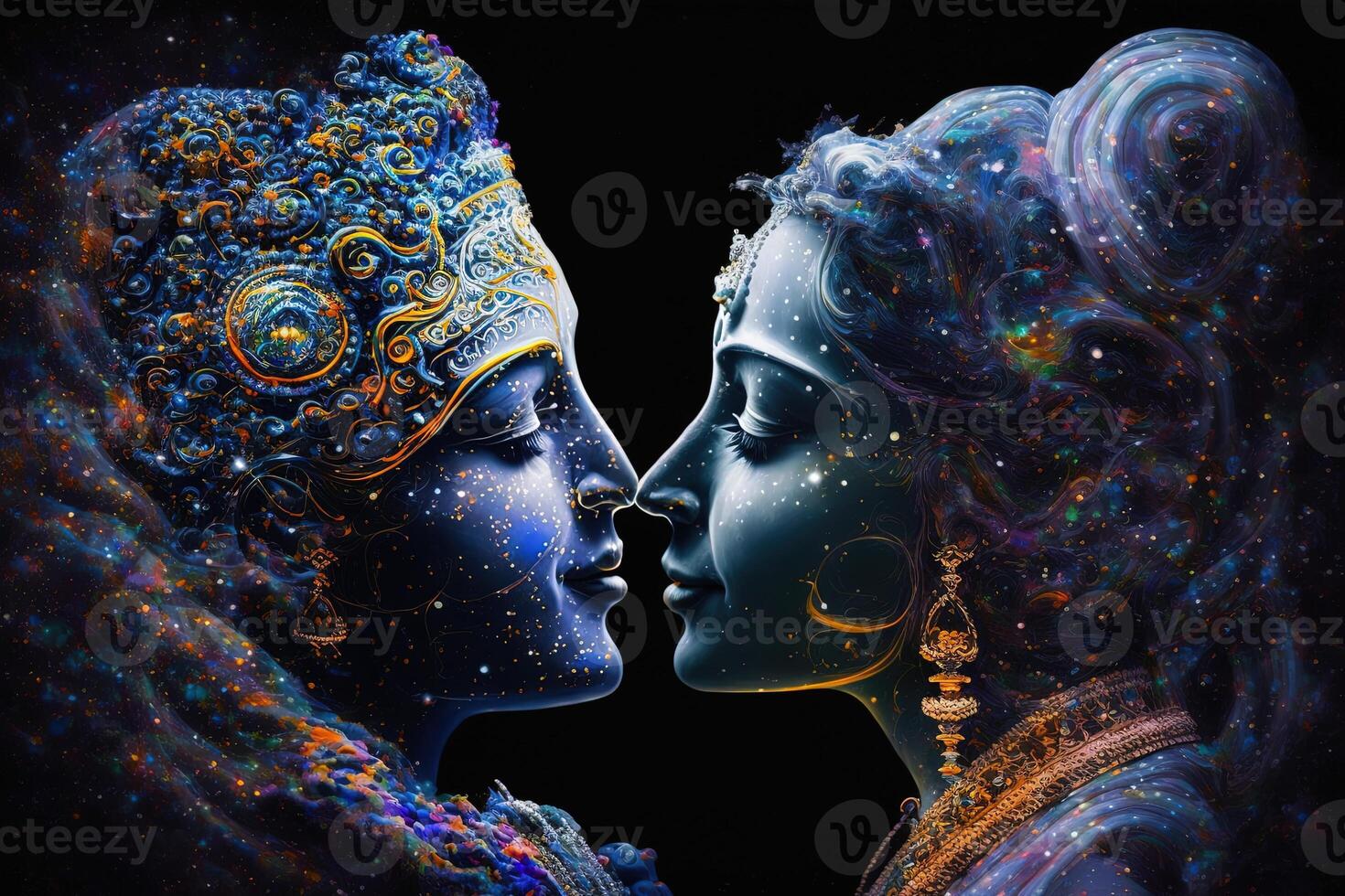 Radha krishna in love medium shot photography portrait of cosmic galactic . symbol of Devine Love. Art Print For Home Decor hindu couple on abstract decorative background photo