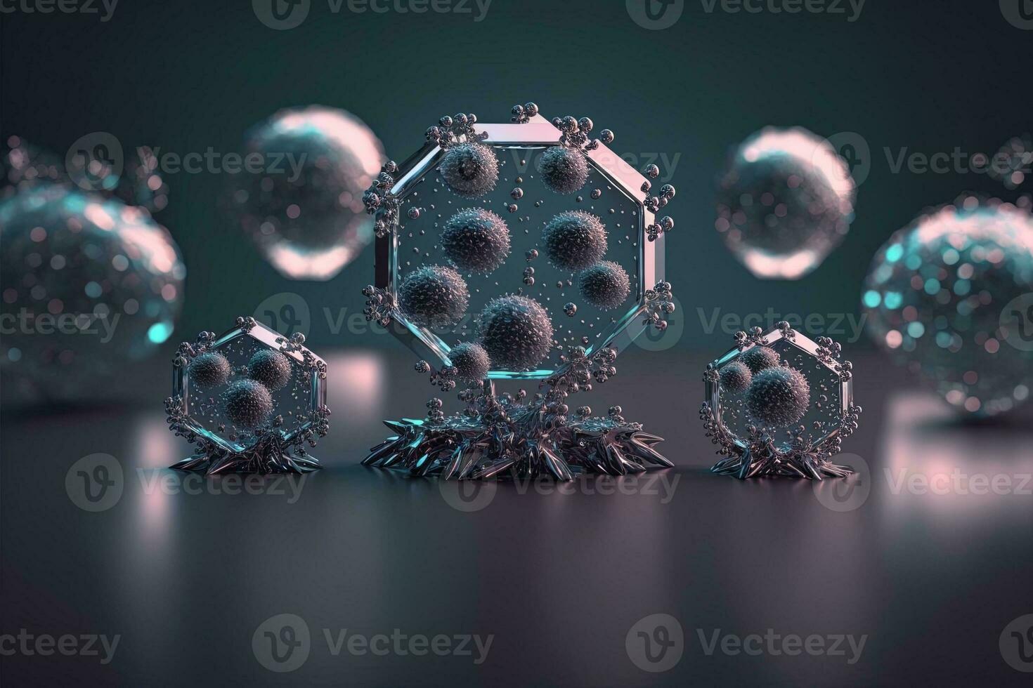 Christmas white decorations on snow with fir tree branches. Winter Decoration Background. Focus of tiny liquid mirror balls falling from the sky , each containing a tiny perfect city inside photo