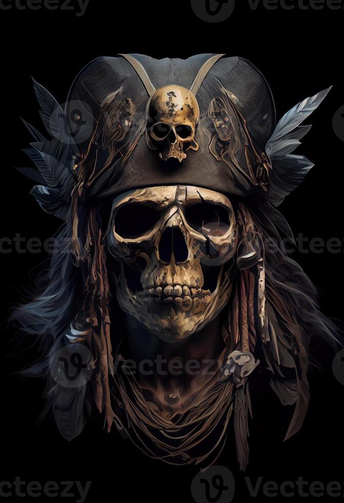 illustration of an old skull pirate on board a ship, a portrait of a captain, a sea wolf, black background, photo