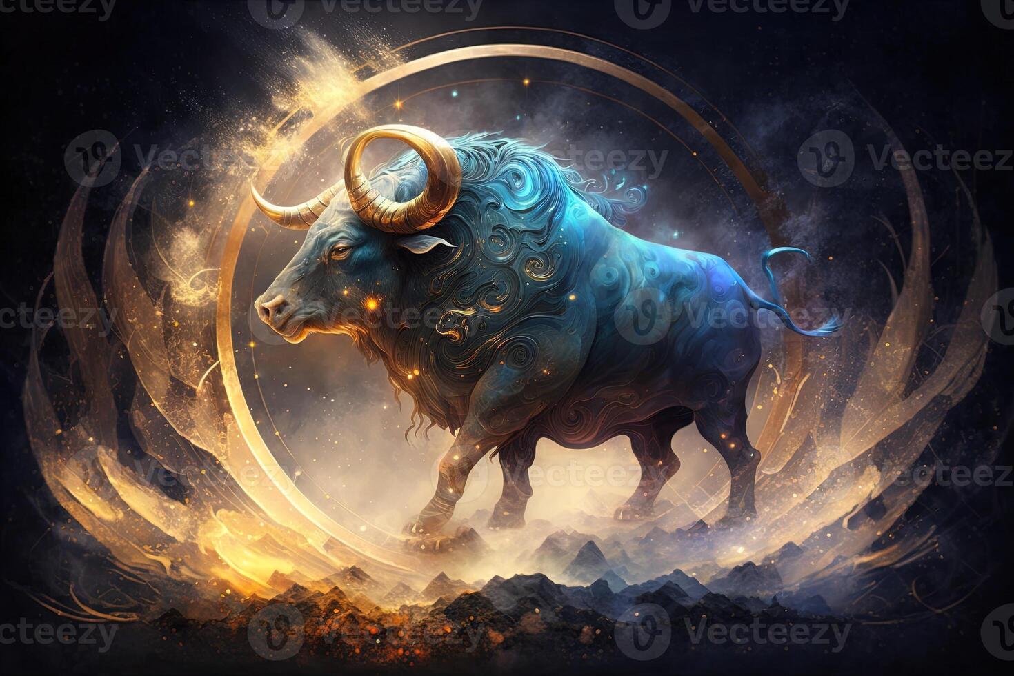 Backdrop of sacred zodiac Taurus symbols, astrology, alchemy, magic, sorcery and fortune telling. digital painting. Zodiac sign Taurus on the starry sky close up photo