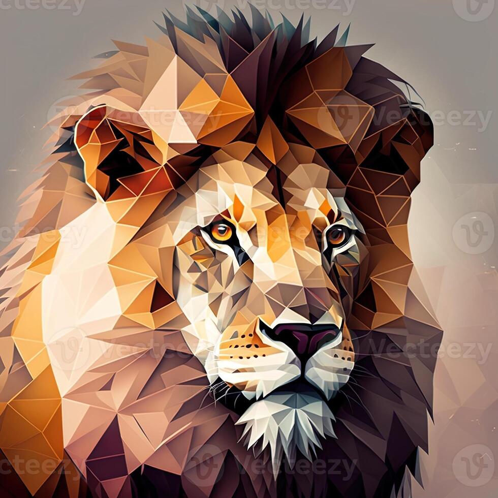 generativo ai ilustración de creativo de león hecho de vistoso geométrico formas en antecedentes. líder, coraje, fuerte y corajudo, majestuoso león foto