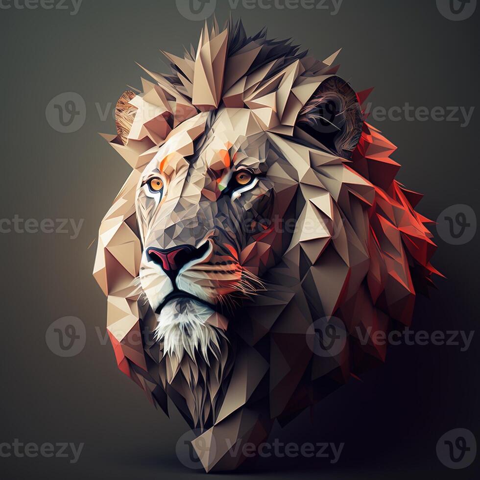 generativo ai ilustración de creativo de león hecho de vistoso geométrico formas en antecedentes. líder, coraje, fuerte y corajudo, majestuoso león foto