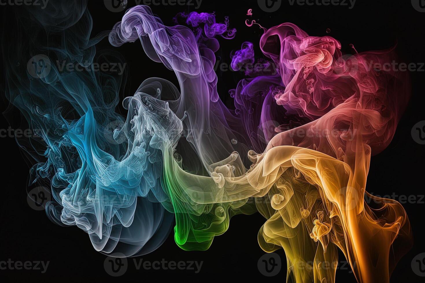 a colorful smoke cloud is shown in this image, it looks like it is floating in the air and is very dark and blue and yellow, with a black background. photo