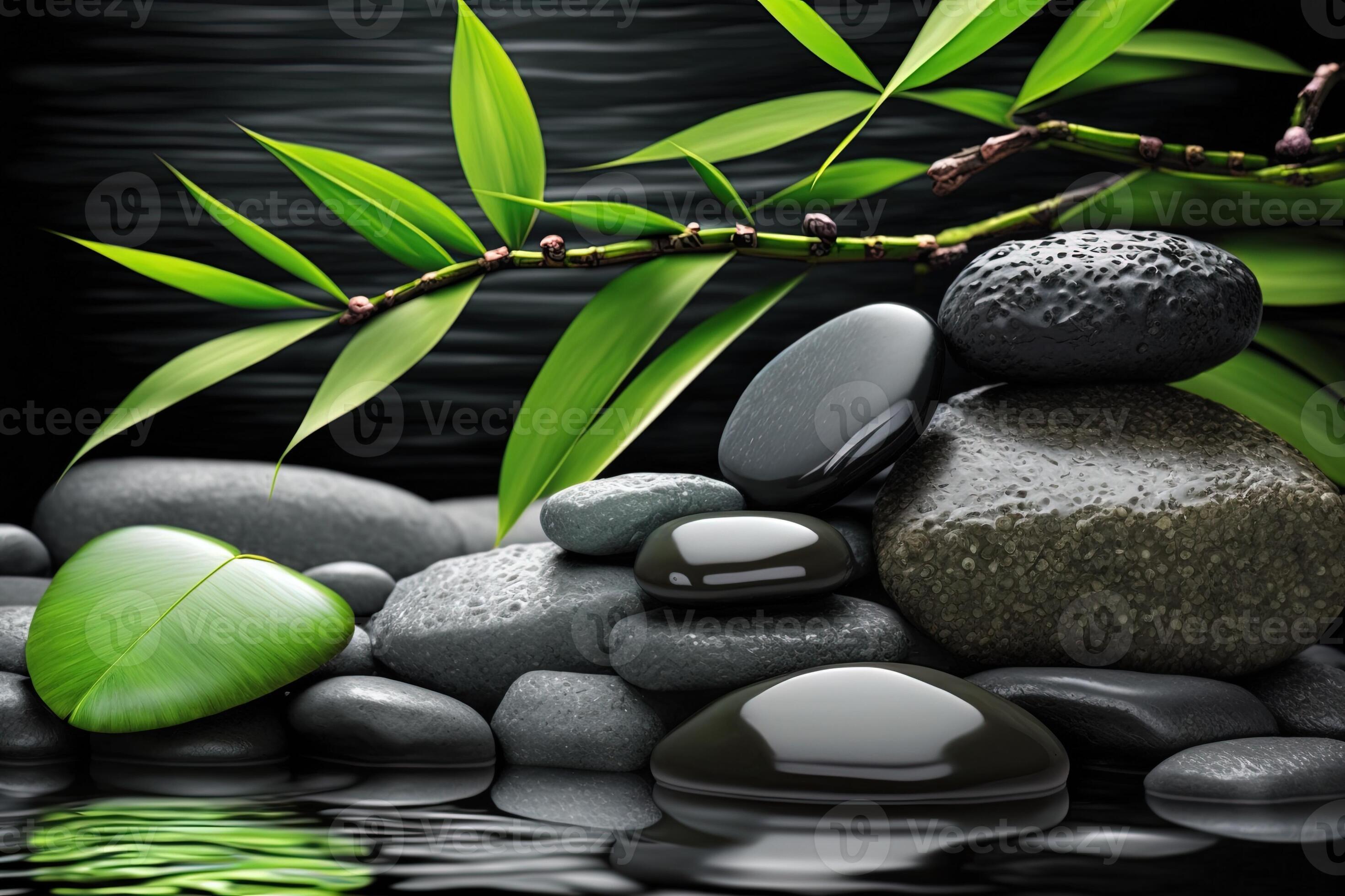 Bamboo and stones in a wellness spa. Generative AI. Zen Stones and
