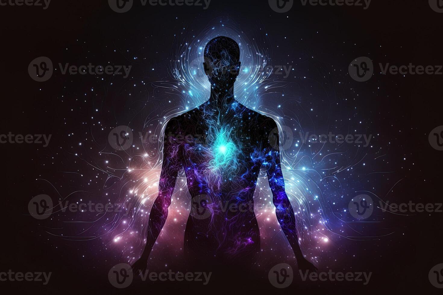 Astral body silhouette with abstract space background. Esoteric, spiritual life and meditation concept. Afterlife and connection with other worlds. Created with photo